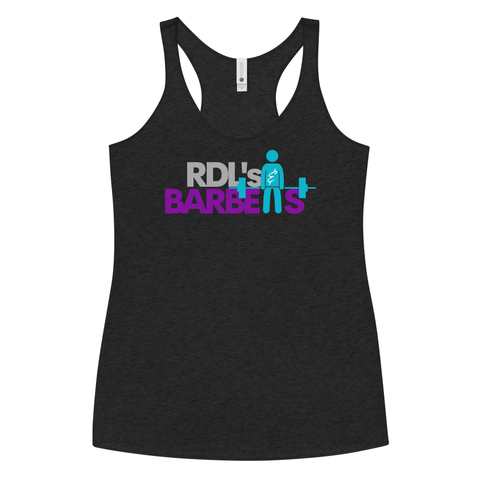 RDL's & Barbells with weight lifter figure, black tank, grey, purple letters